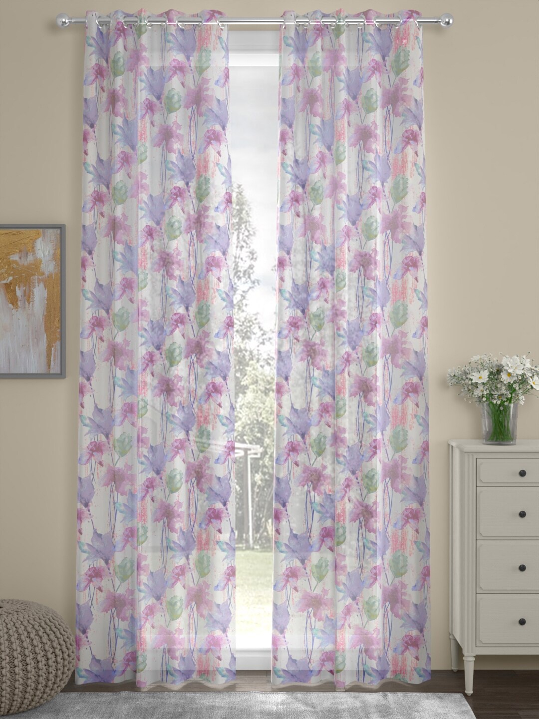 

ROSARA HOME Kevin White & Pink 2 Pieces Floral Printed Sheer Door Curtains