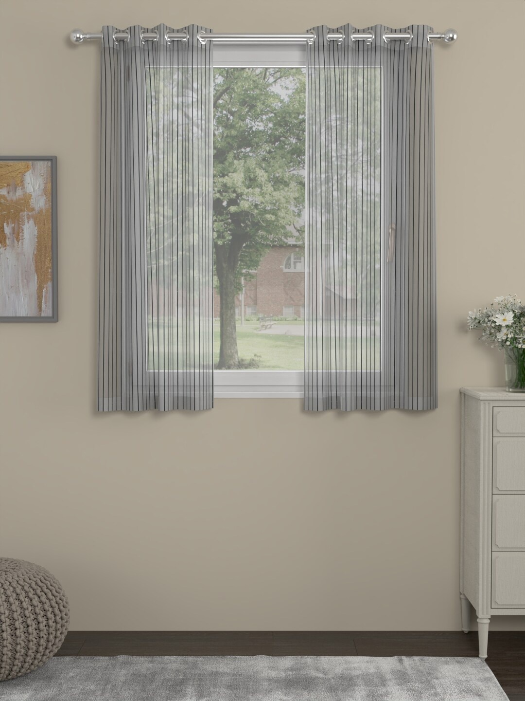 

ROSARA HOME Chloe Grey 2 Pieces Striped Sheer Window Curtains