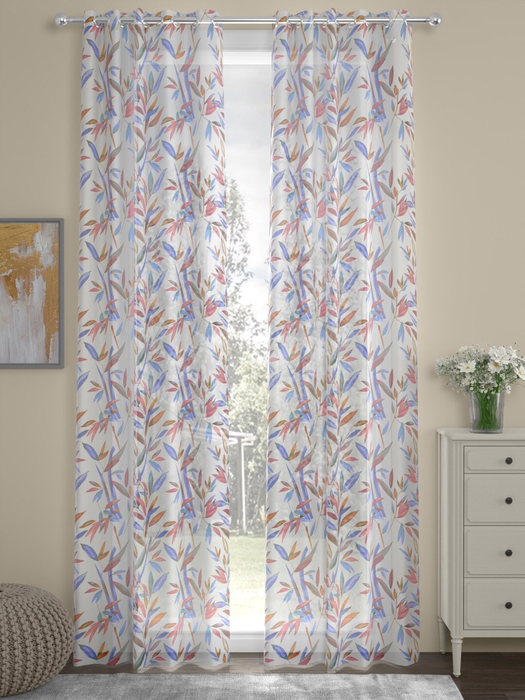 

ROSARA HOME Claudia White & Pink 2 Pieces Floral Printed Sheer Door Curtains