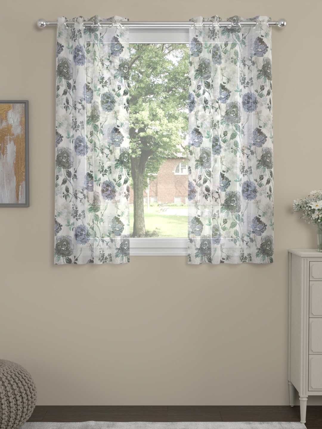 

ROSARA HOME Luisa White 2 Pieces Floral Printed Sheer Window Curtains