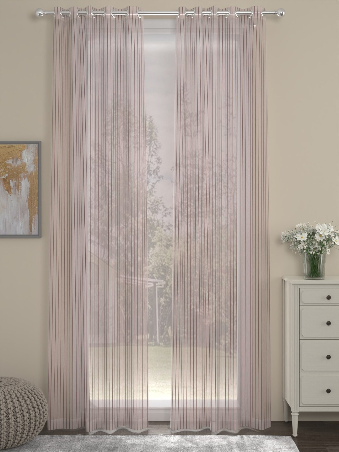 

ROSARA HOME Chloe Nude Coloured 2 Pieces Striped Sheer Door Curtains