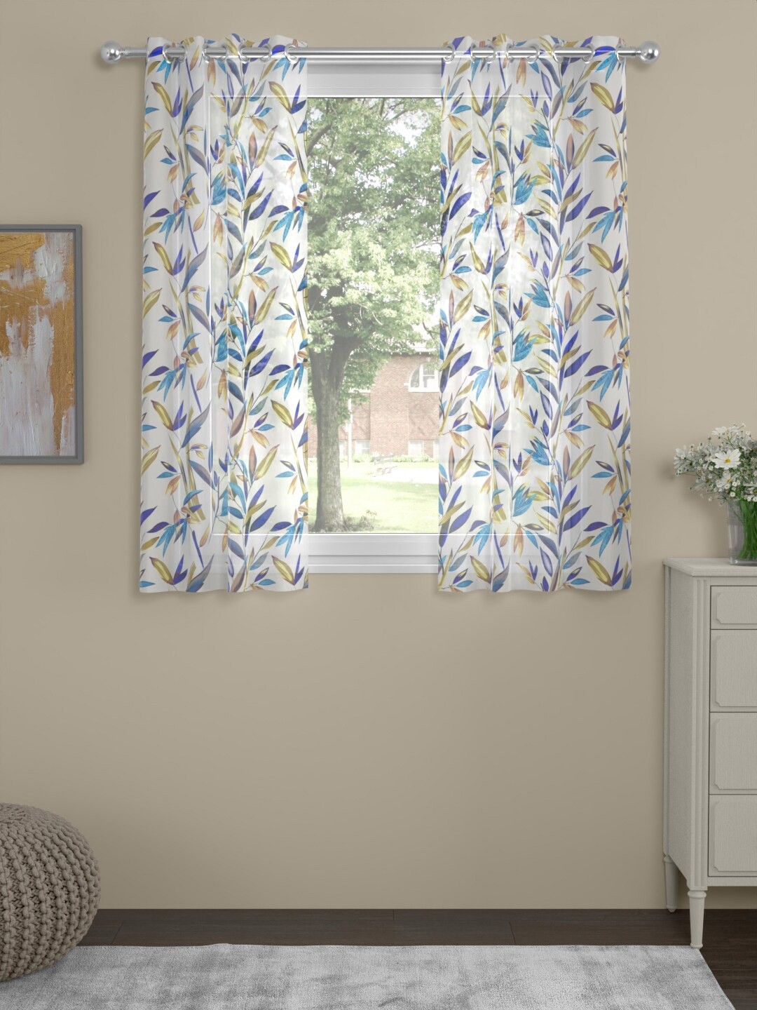 

ROSARA HOME Claudia White & Blue 2 Pieces Floral Sheer Window Curtains
