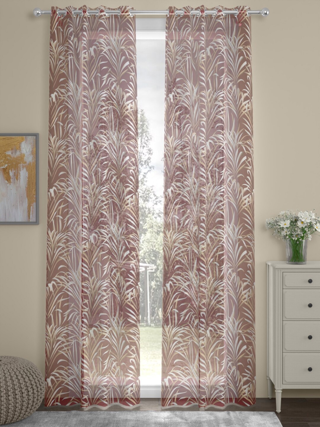 

ROSARA HOME Ivan Maroon 2 Pieces Leaf Printed Sheer Door Curtains