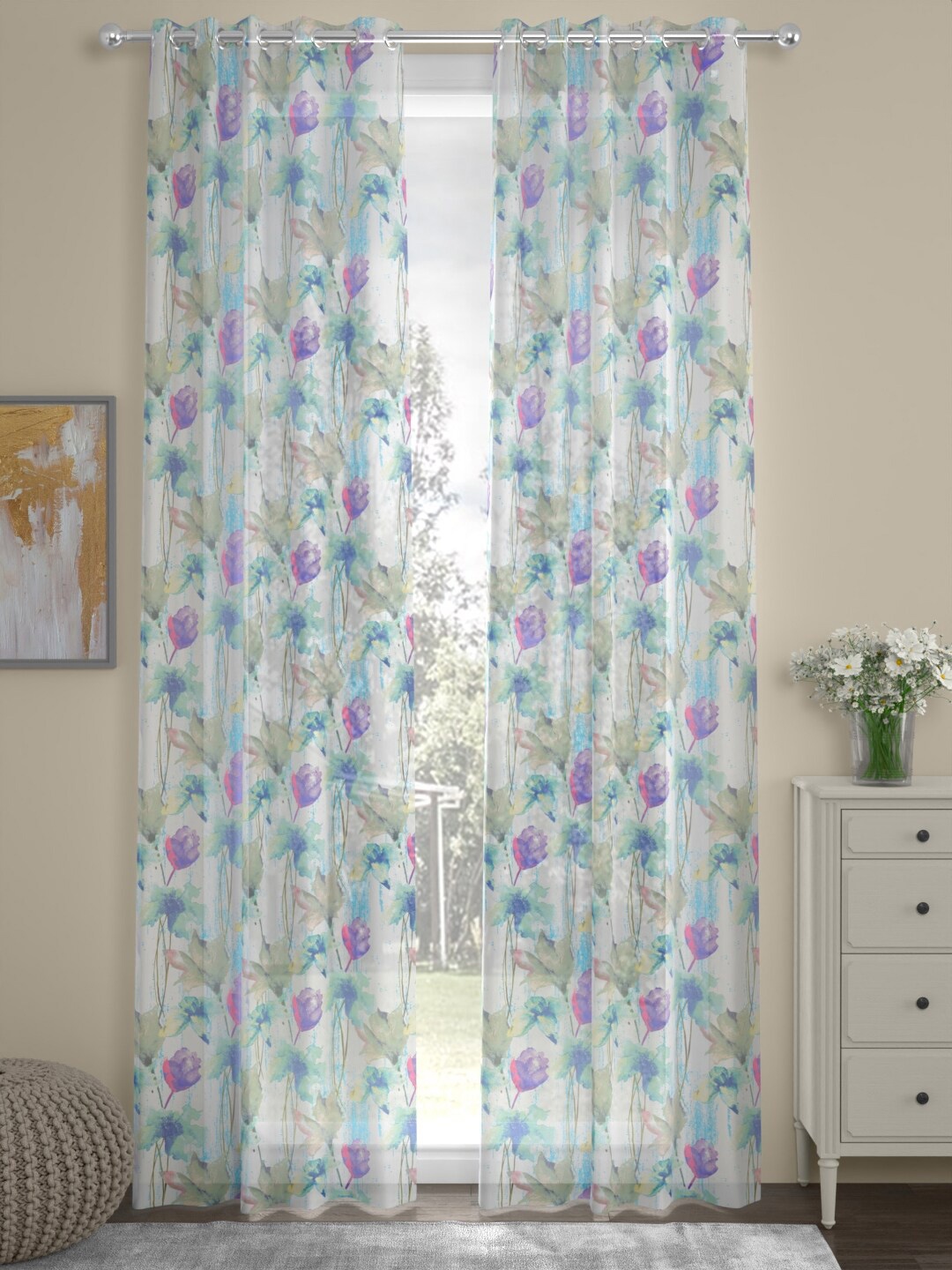 

ROSARA HOME Flavia White & Blue 2 Pieces Floral Sheer Door Curtains