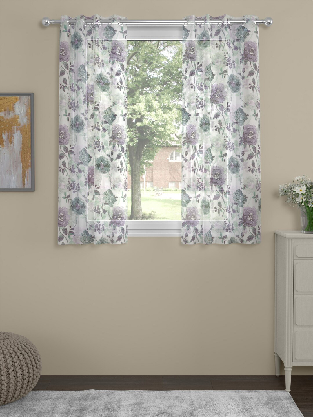 

ROSARA HOME Luisa Purple 2 Pieces Floral Printed Sheer Window Curtains