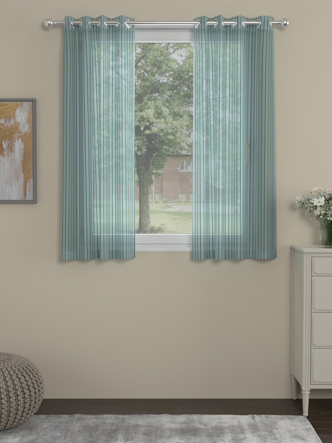 

ROSARA HOME Chloe Turquoise Blue 2 Pieces Striped Sheer Window Curtains