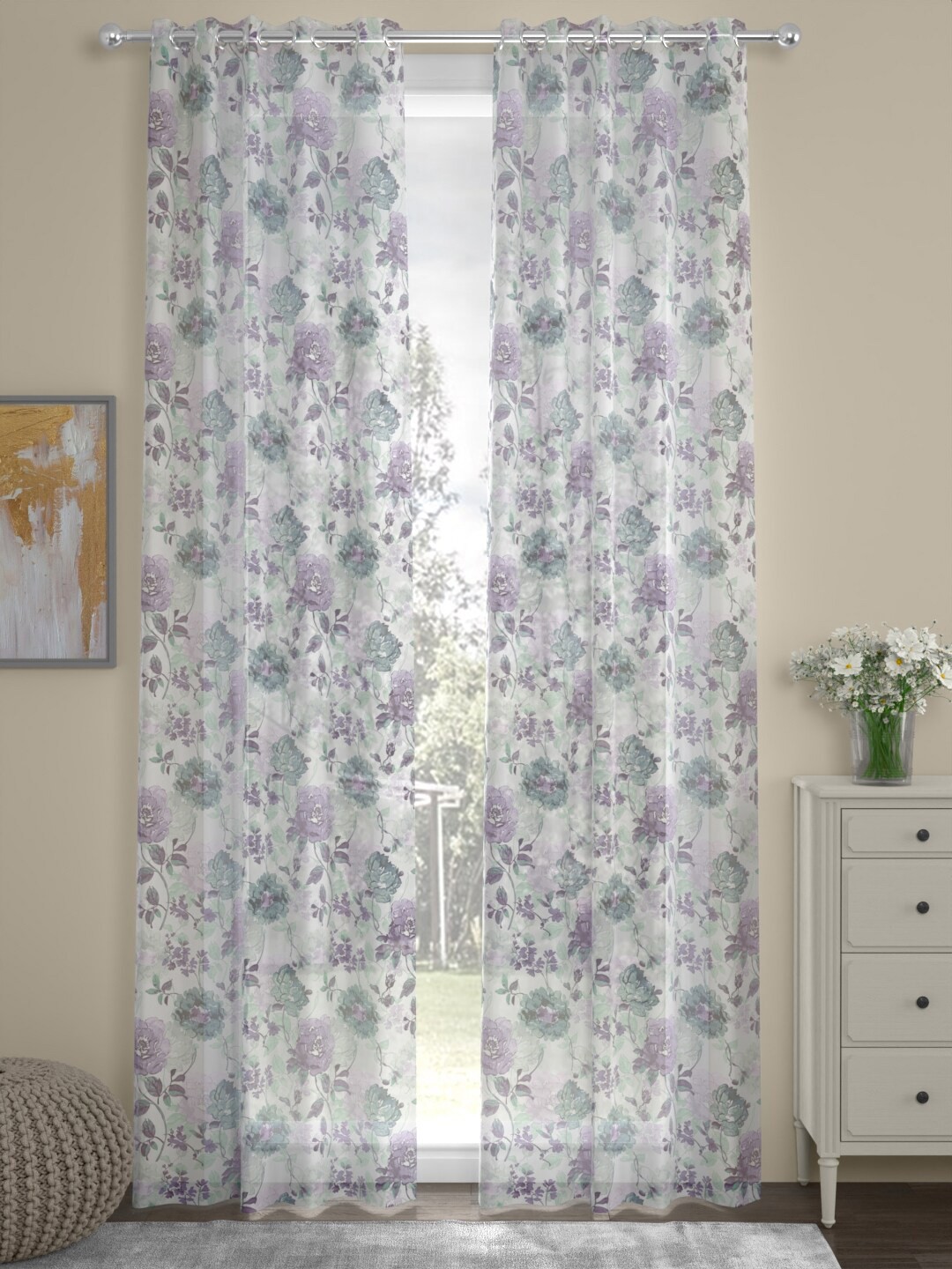 

ROSARA HOME Luisa White & Purple 2 Pieces Floral Sheer Door Curtains