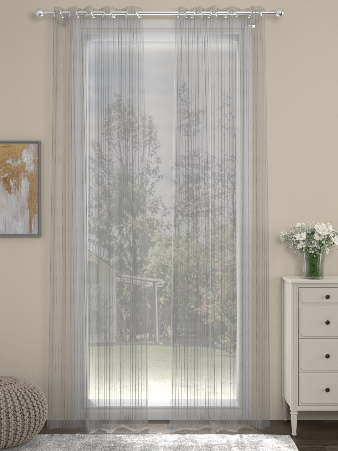 

ROSARA HOME Chloe Grey 2 Pieces Striped Sheer Door Curtains