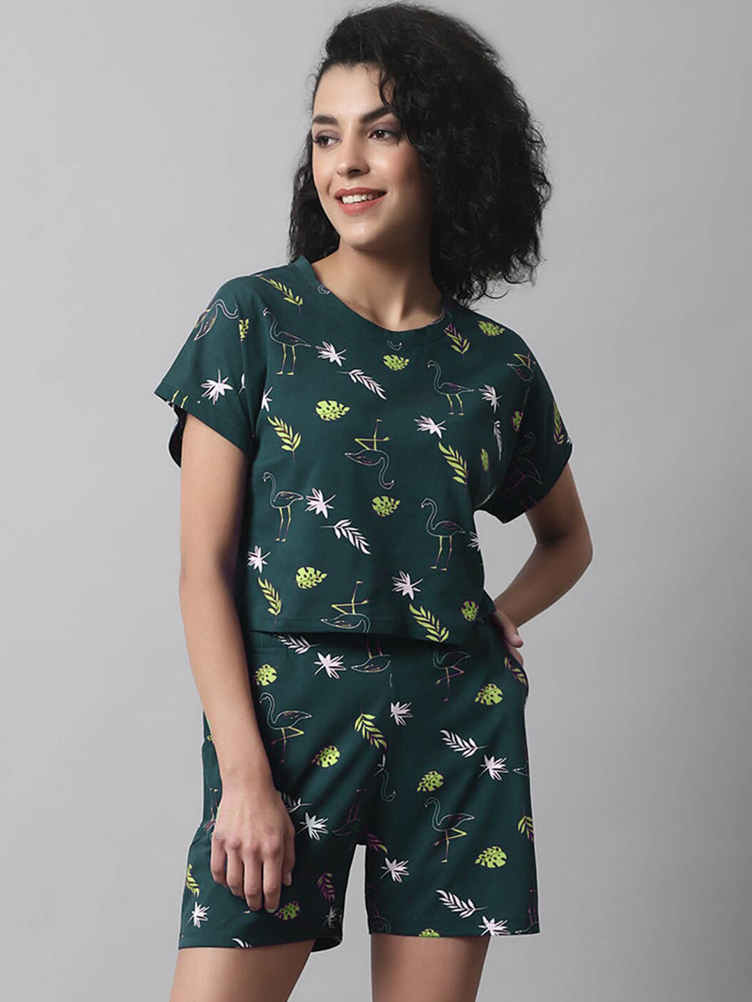 

Kanvin Teal Floral Printed Pure Cotton Night Suit