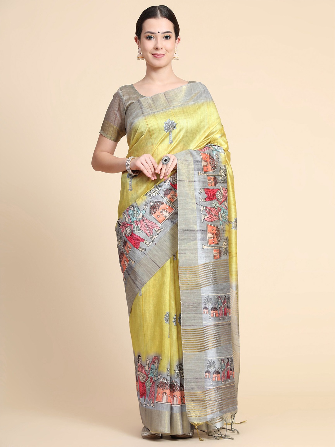 

VISHNU WEAVES Ethnic Motifs Zari Silk Blend Tussar Saree With Blouse Piece, Yellow