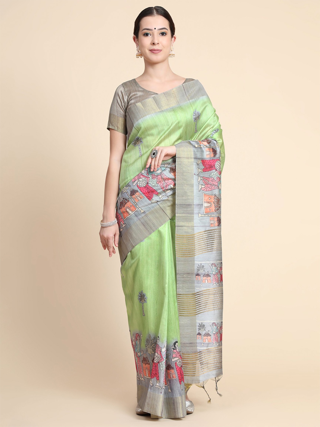 

VISHNU WEAVES Ethnic Motifs Zari Silk Blend Tussar Saree With Blouse Piece, Olive