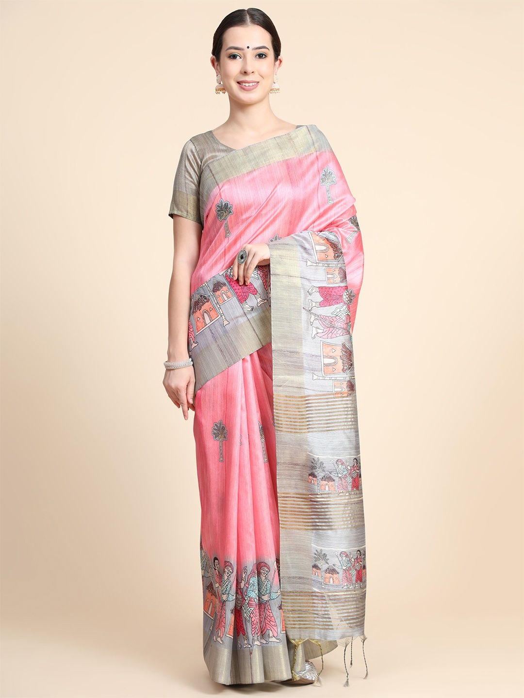 

VISHNU WEAVES Ethnic Motifs Zari Silk Blend Tussar Saree With Blouse Piece, Pink
