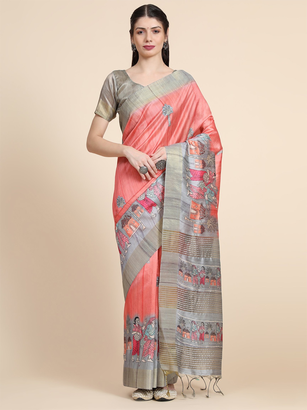 

VISHNU WEAVES Ethnic Motifs Zari Silk Blend Tussar Saree With Blouse Piece, Coral