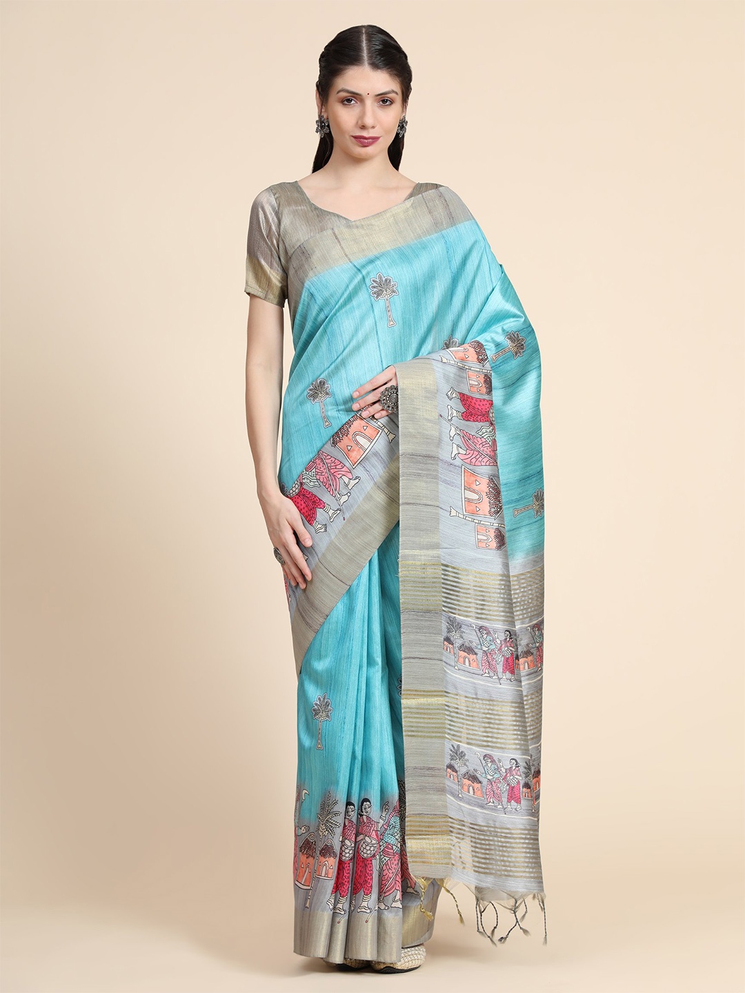 

VISHNU WEAVES Kalamkari Printed Zari Tussar Saree, Turquoise blue