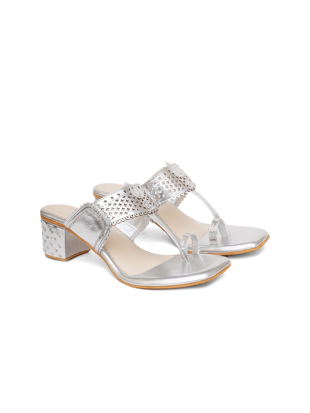 

Sole House Textured Open One Toe Block Heels With laser Cuts, Silver