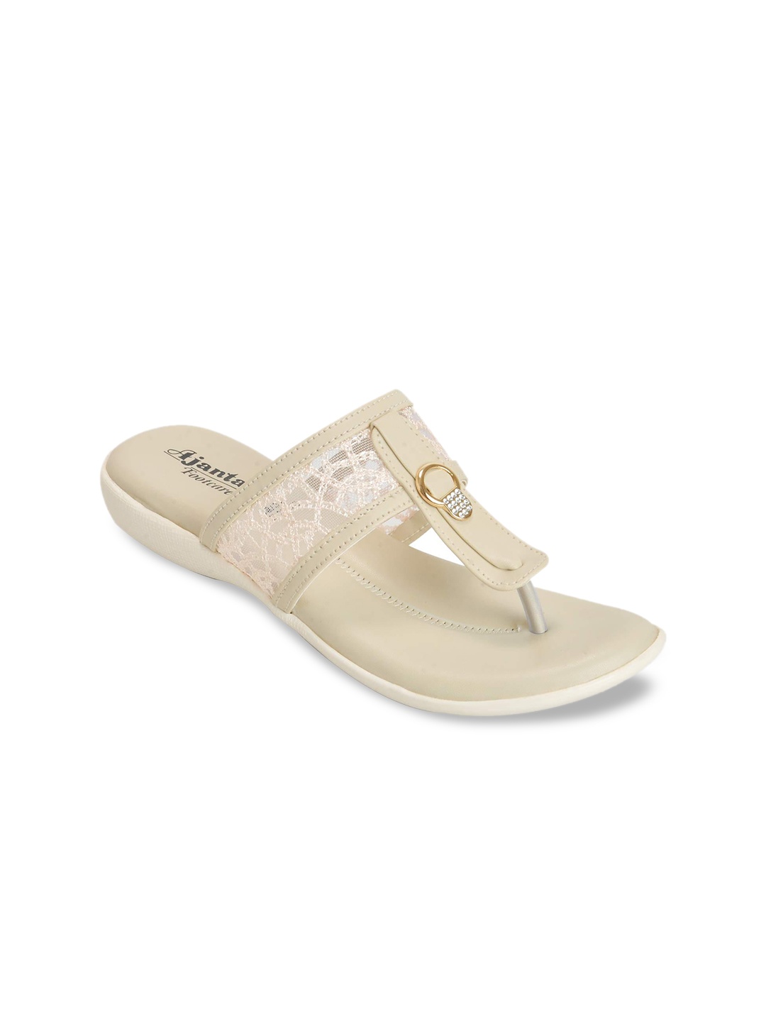 

Ajanta Women Embellished T-Strap Flats, Cream