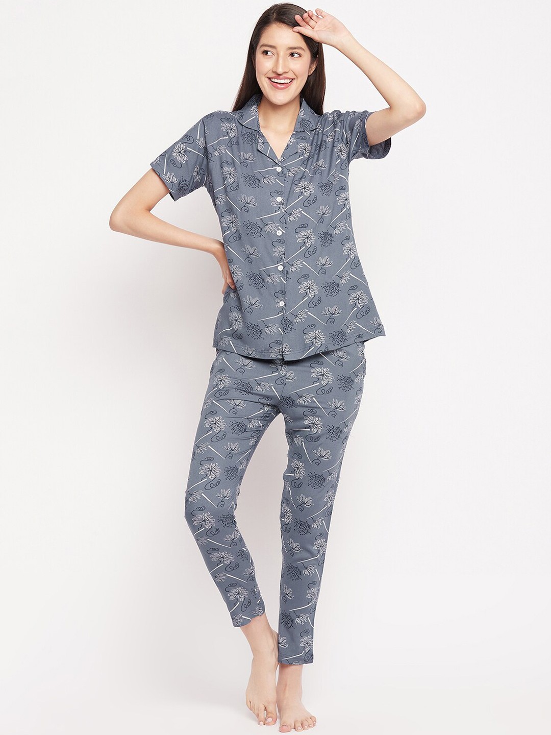 

FirstKrush Floral Printed Pure Cotton Night Suit, Grey