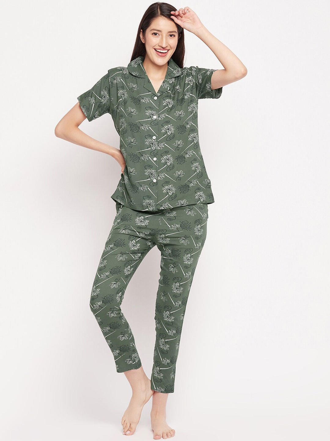 

FirstKrush Floral Printed Pure Cotton Night Suit, Green