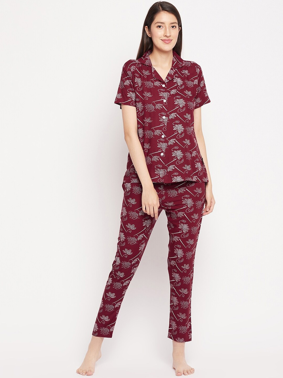 

FirstKrush Floral Printed Pure Cotton Night Suit, Maroon