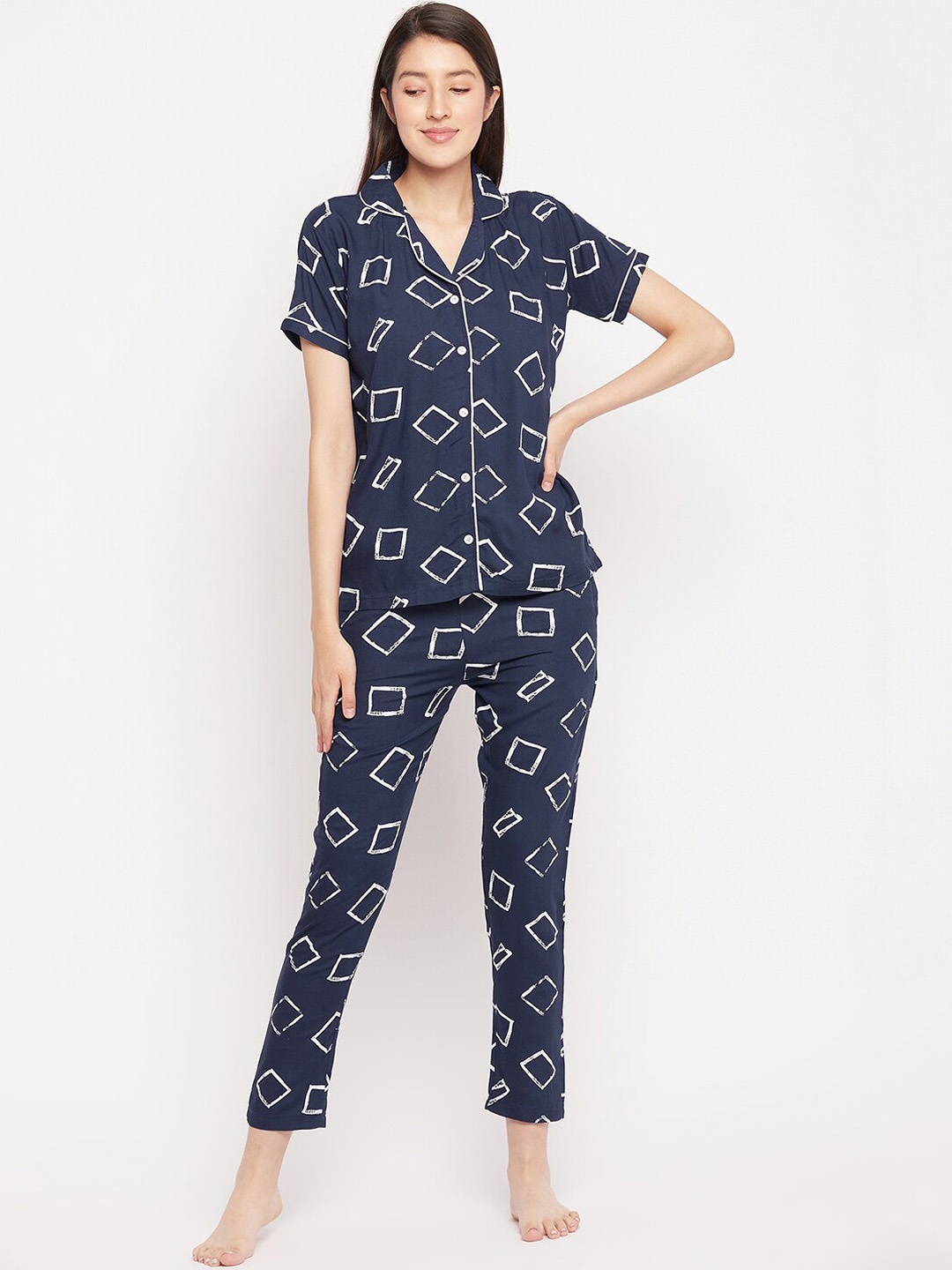 

FirstKrush Geometric Printed Pure Cotton Night Suit, Navy blue