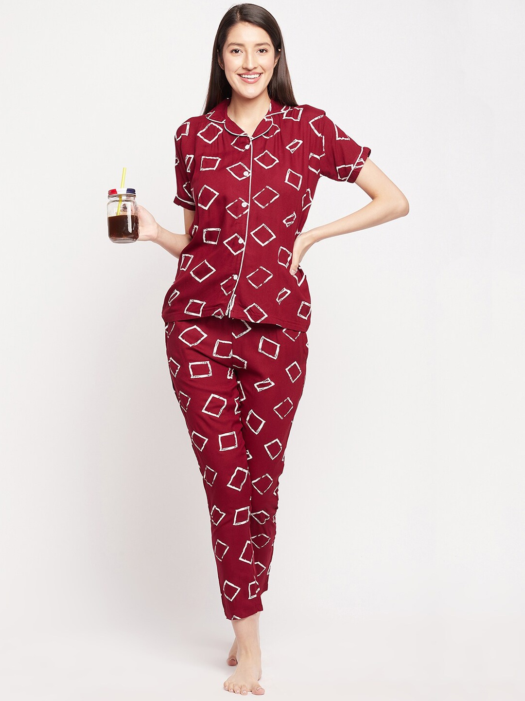

FirstKrush Geometric Printed Pure Cotton Night Suit, Red
