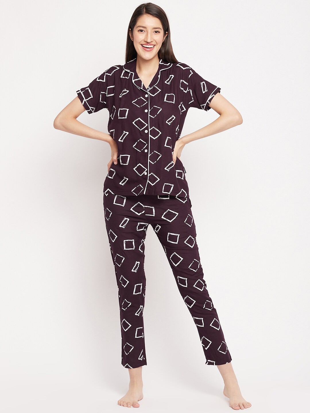

FirstKrush Geometric Printed Pure Cotton Night Suit, Purple