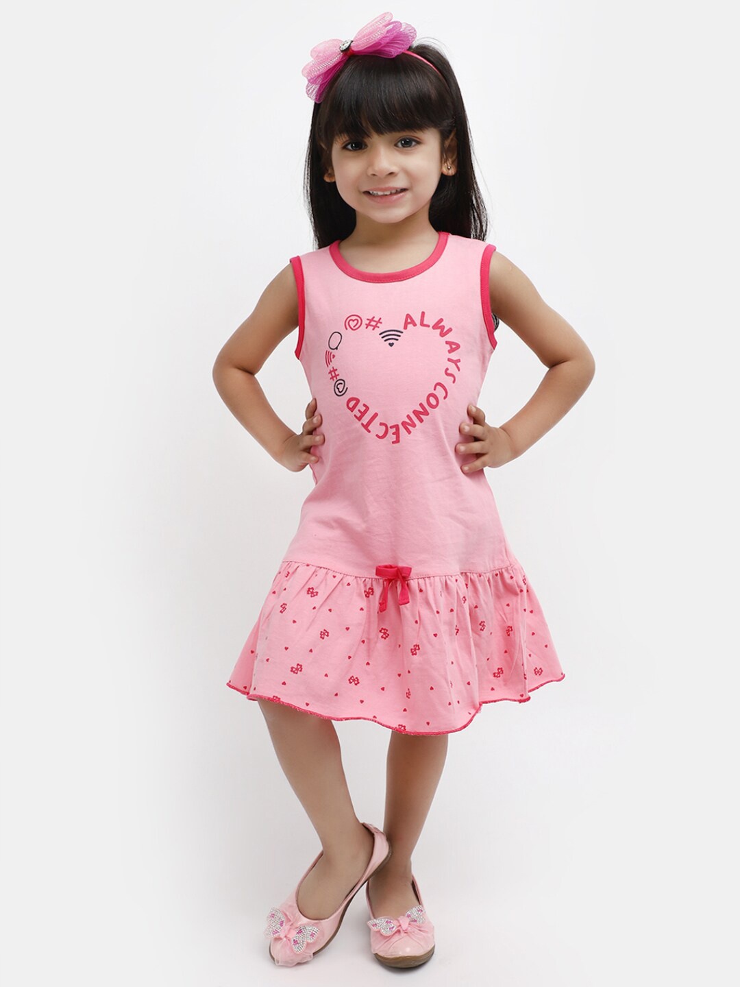 

V-Mart Girls Typography Printed Cotton Drop-Waist Dress, Pink