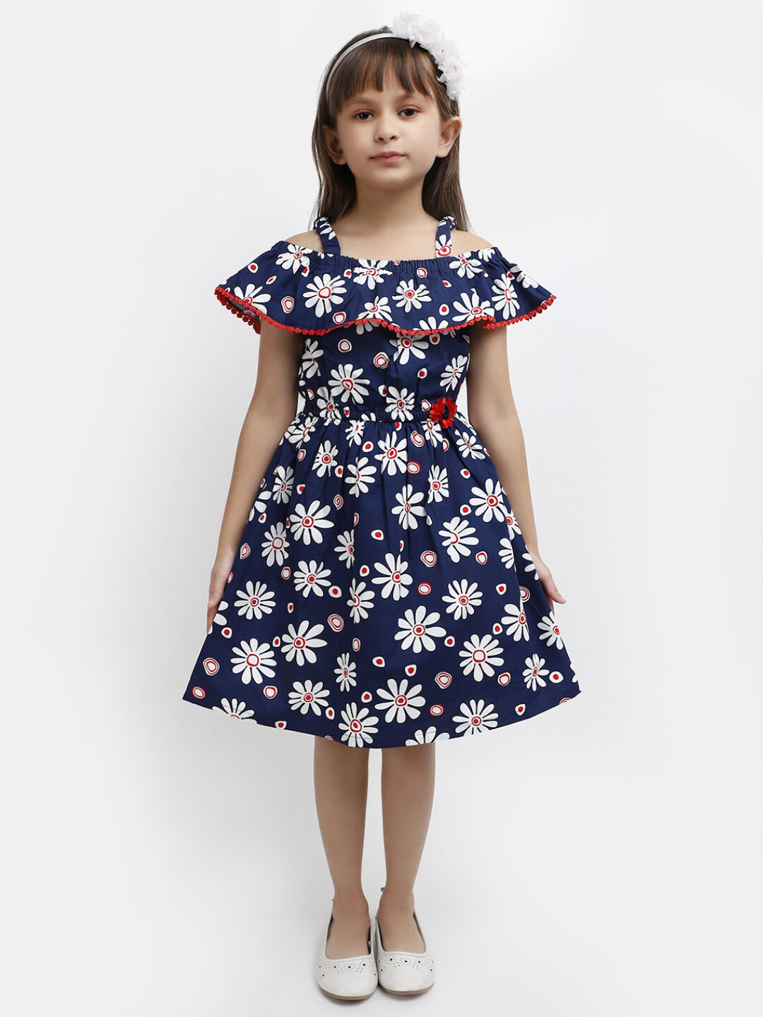 

V-Mart Girls Floral Printed Col-Shoulder Cotton Fit & Flare Dress, Blue