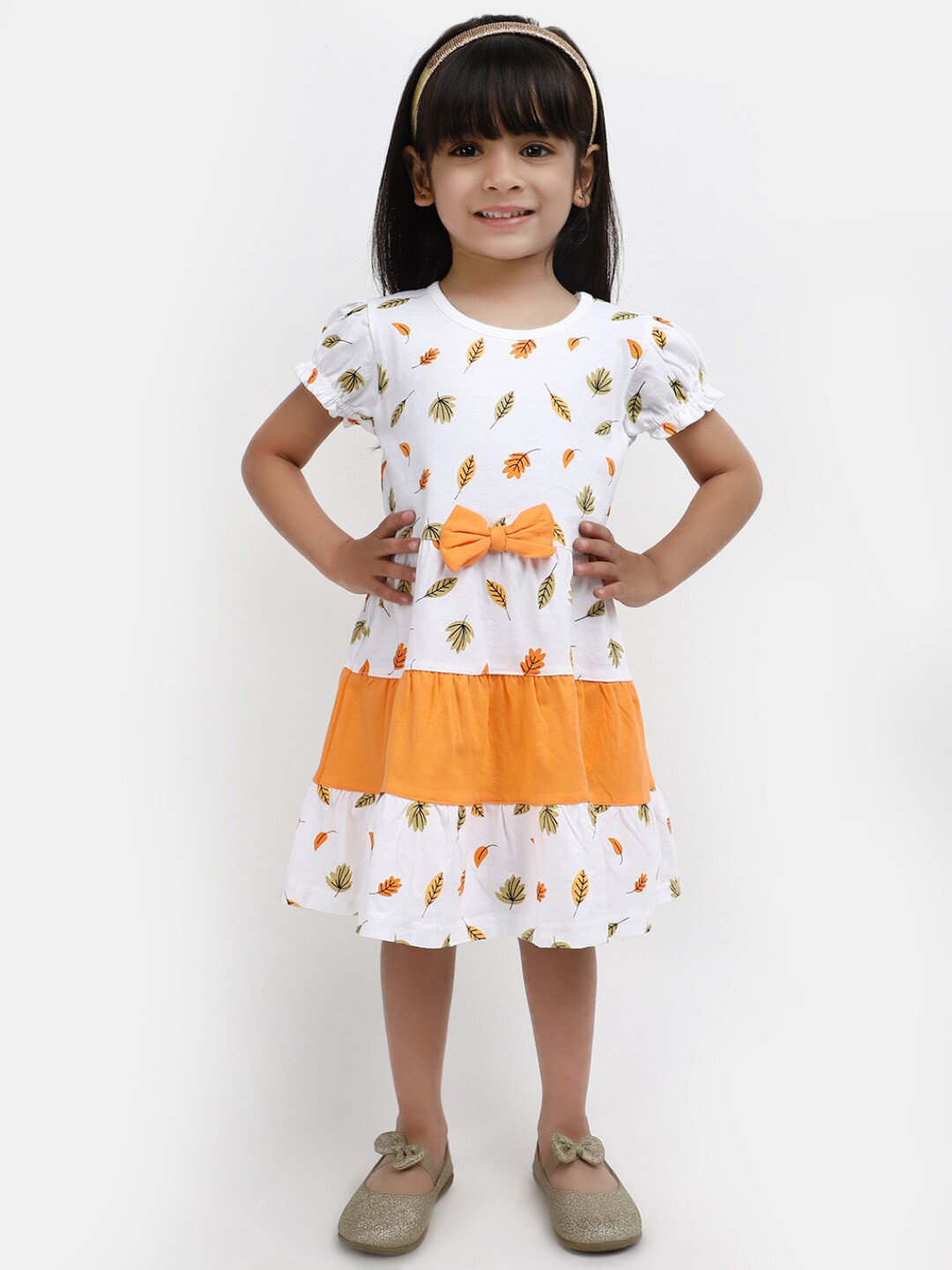 

V-Mart Girls Floral Printed Bow Detail Tiered Cotton A-Line Dress, White