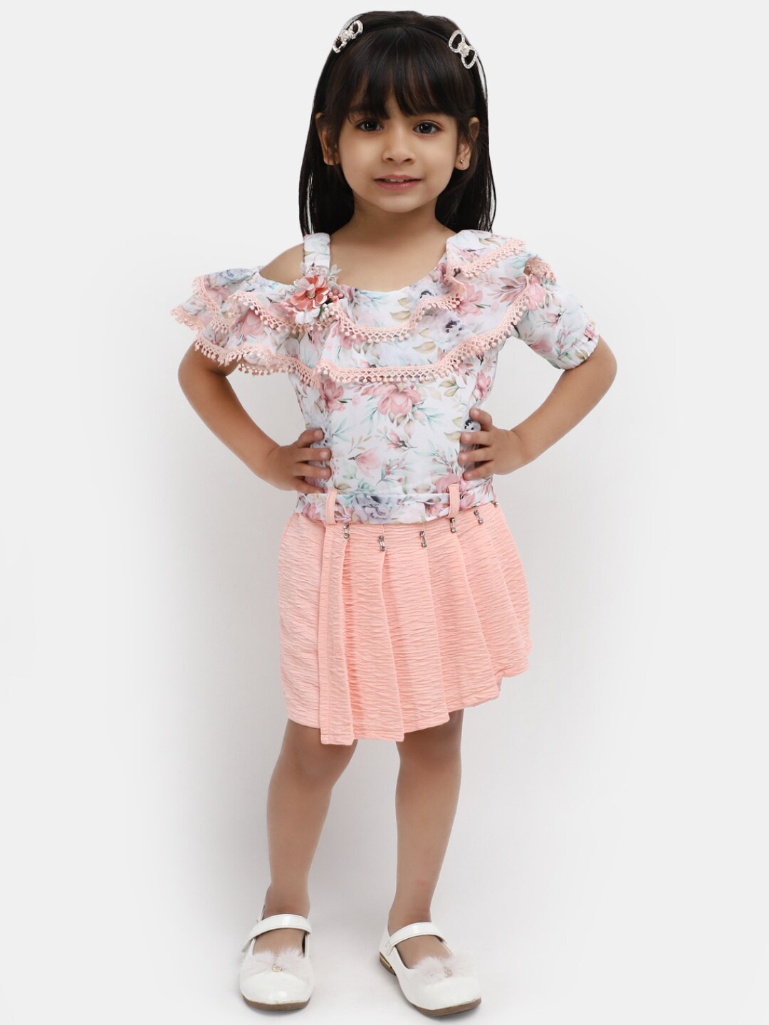 

V-Mart Girls Floral Printed Cold-Shoulder Ruffled A-Line Midi Dress, White