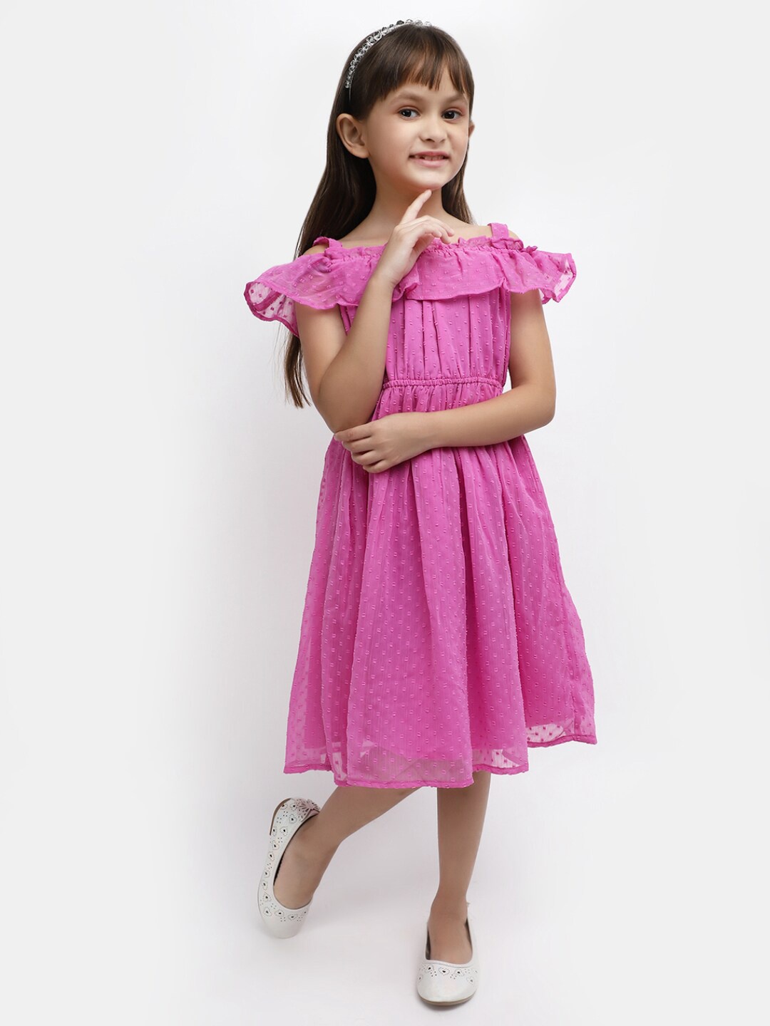 

V-Mart Girls Self Design Shoulder Strap Ruffled Fit & Flare Dress, Purple