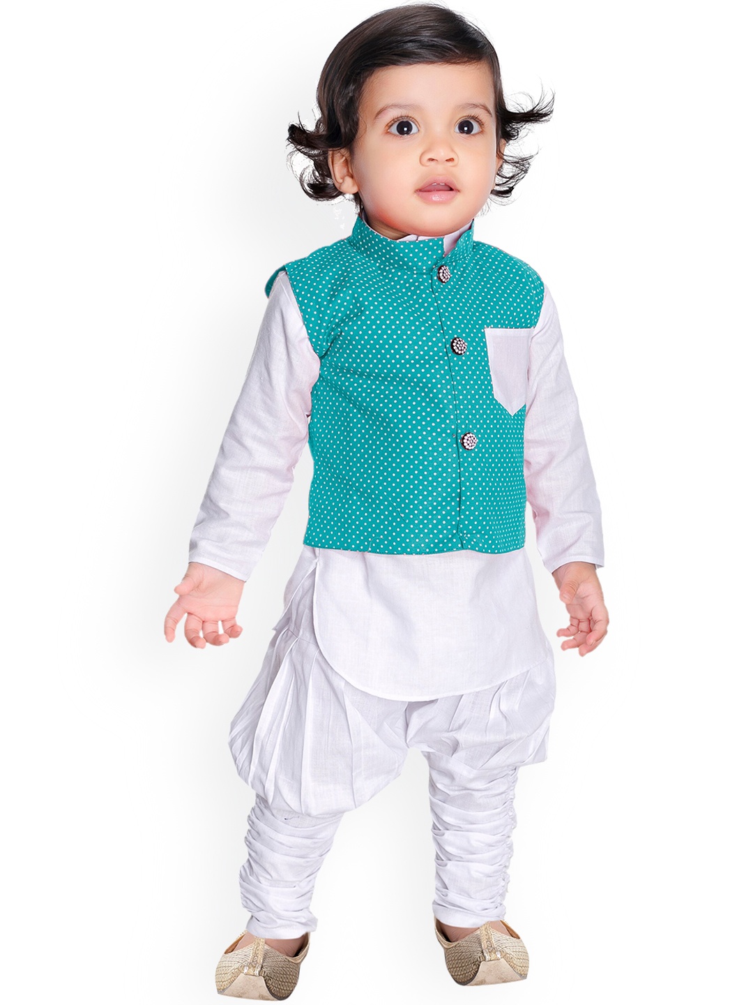 

NEW GEN Boys Regular Pure Cotton Kurta With Churidar & Jacket, White