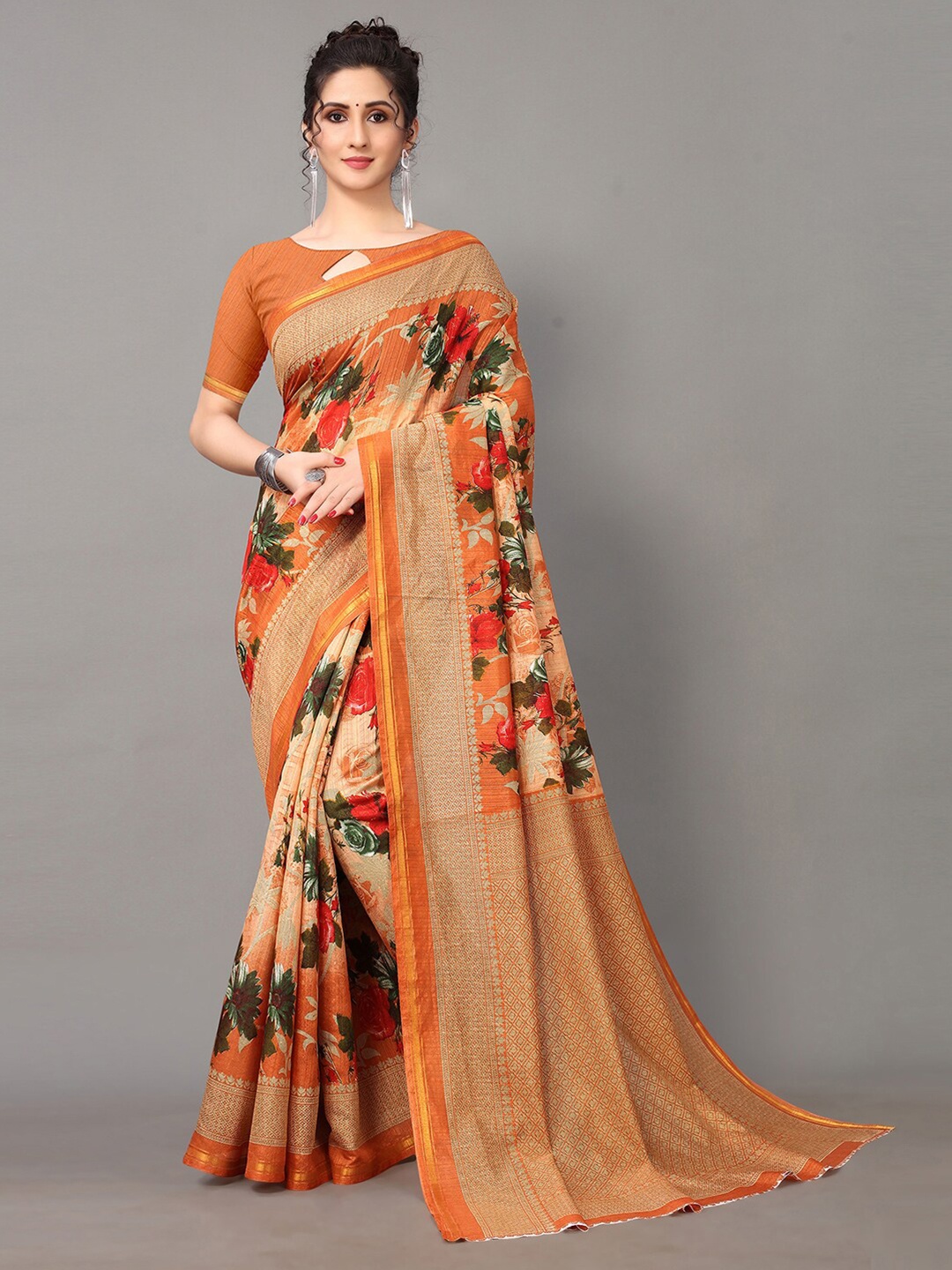 

KALINI Floral Printed Zari Saree, Peach