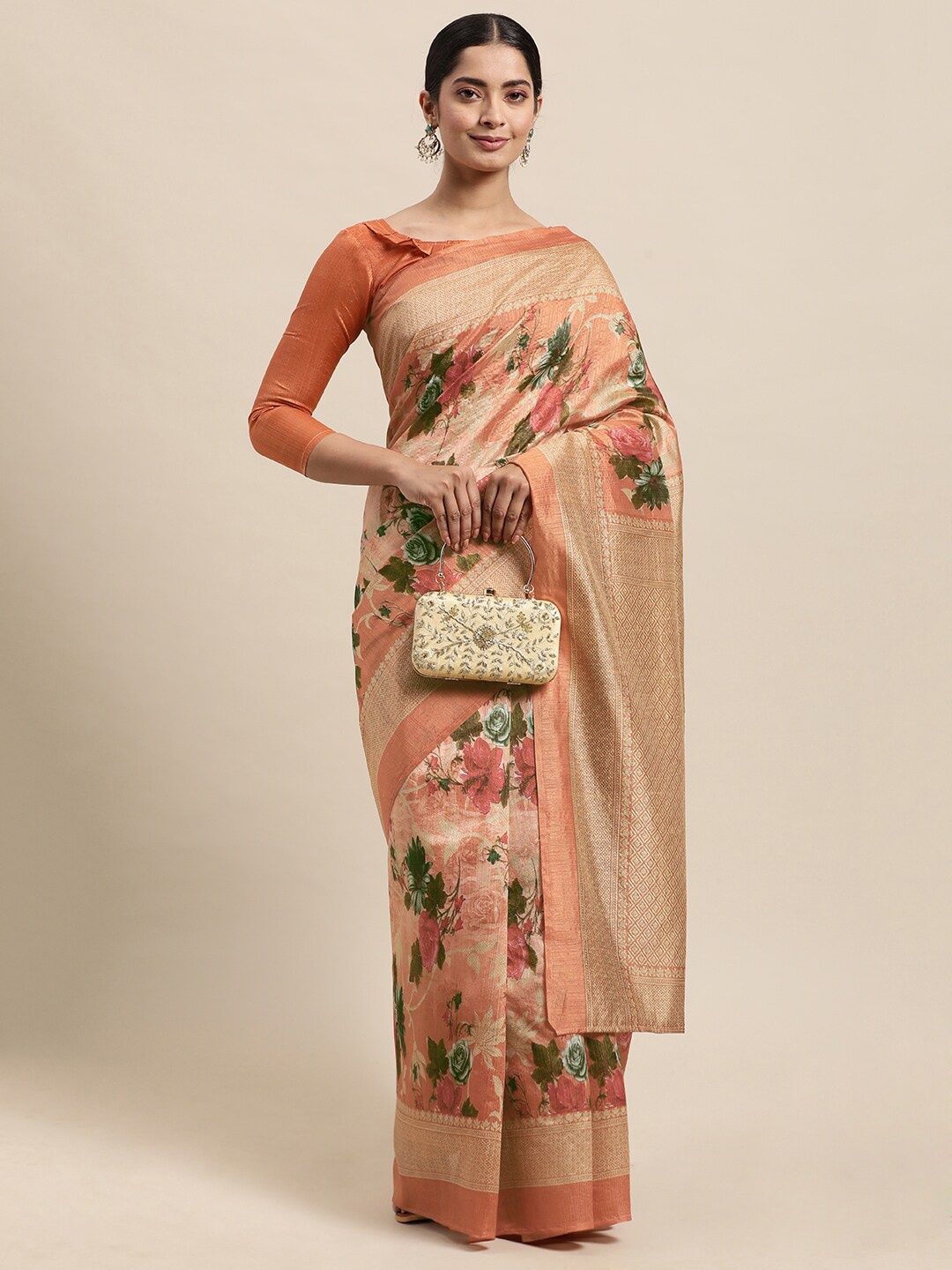 

KALINI Floral Printed Zari Saree, Peach