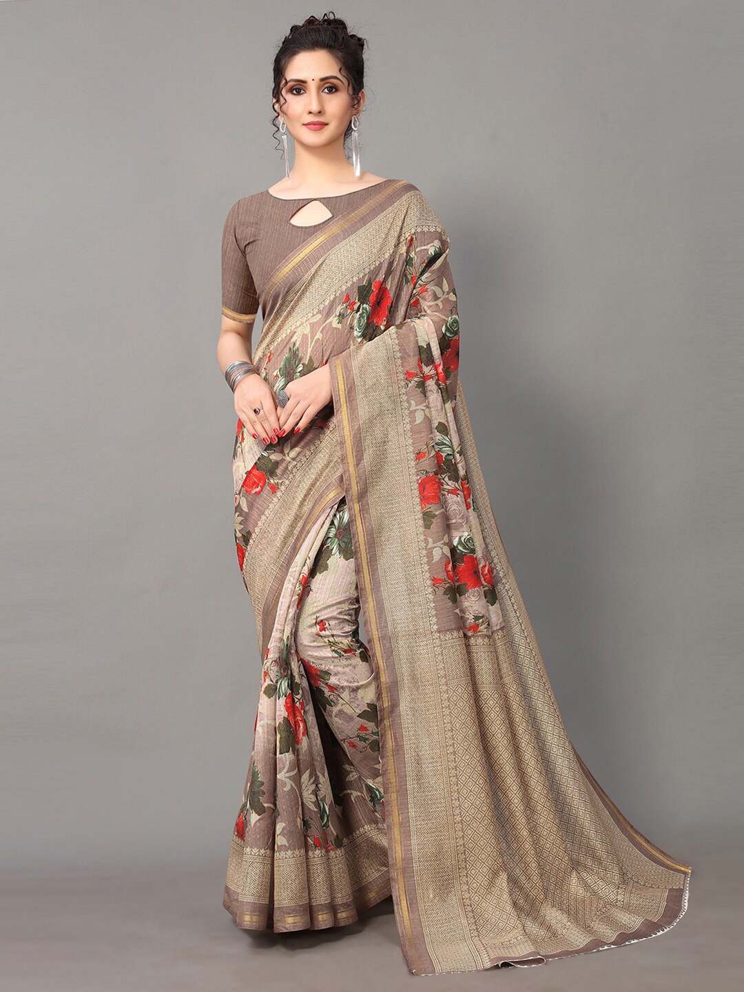 

KALINI Floral Printed Zari Saree, Taupe