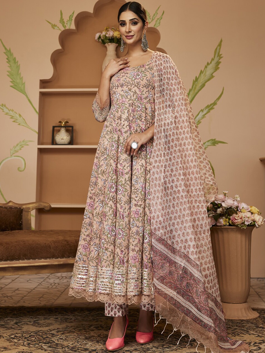 

Divena Floral Printed Gotta Patti Pure Cotton Kurta with Trousers & Dupatta, Beige