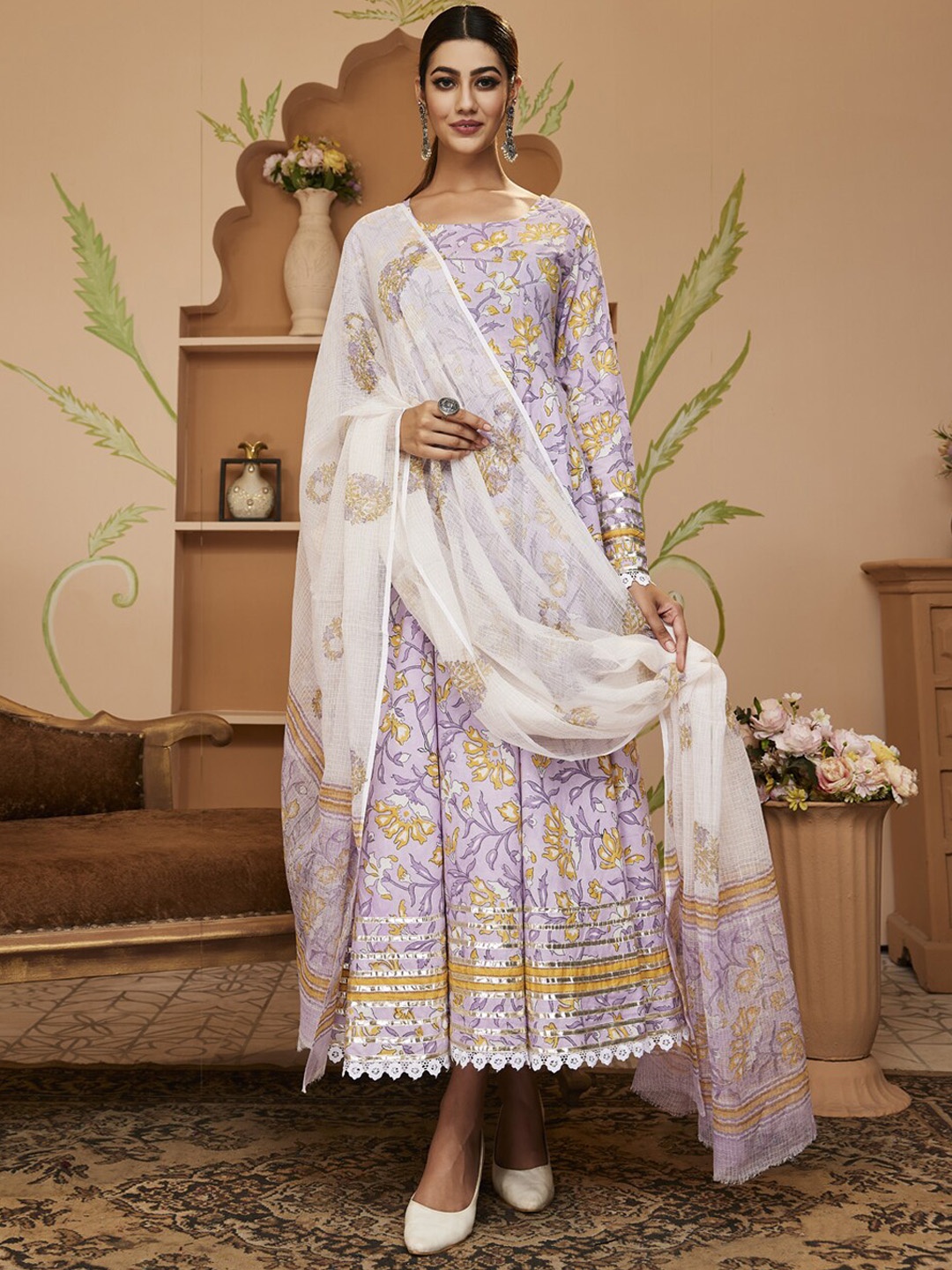 

Divena Floral Block Printed Gotta Patti Anarkali Pure Cotton Kurta with Trousers & Dupatta, Lavender