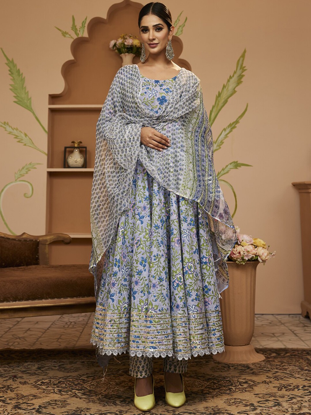 

Divena Floral Block Printed Gotta Patti Anarkali Pure Cotton Kurta with Trousers & Dupatta, Blue
