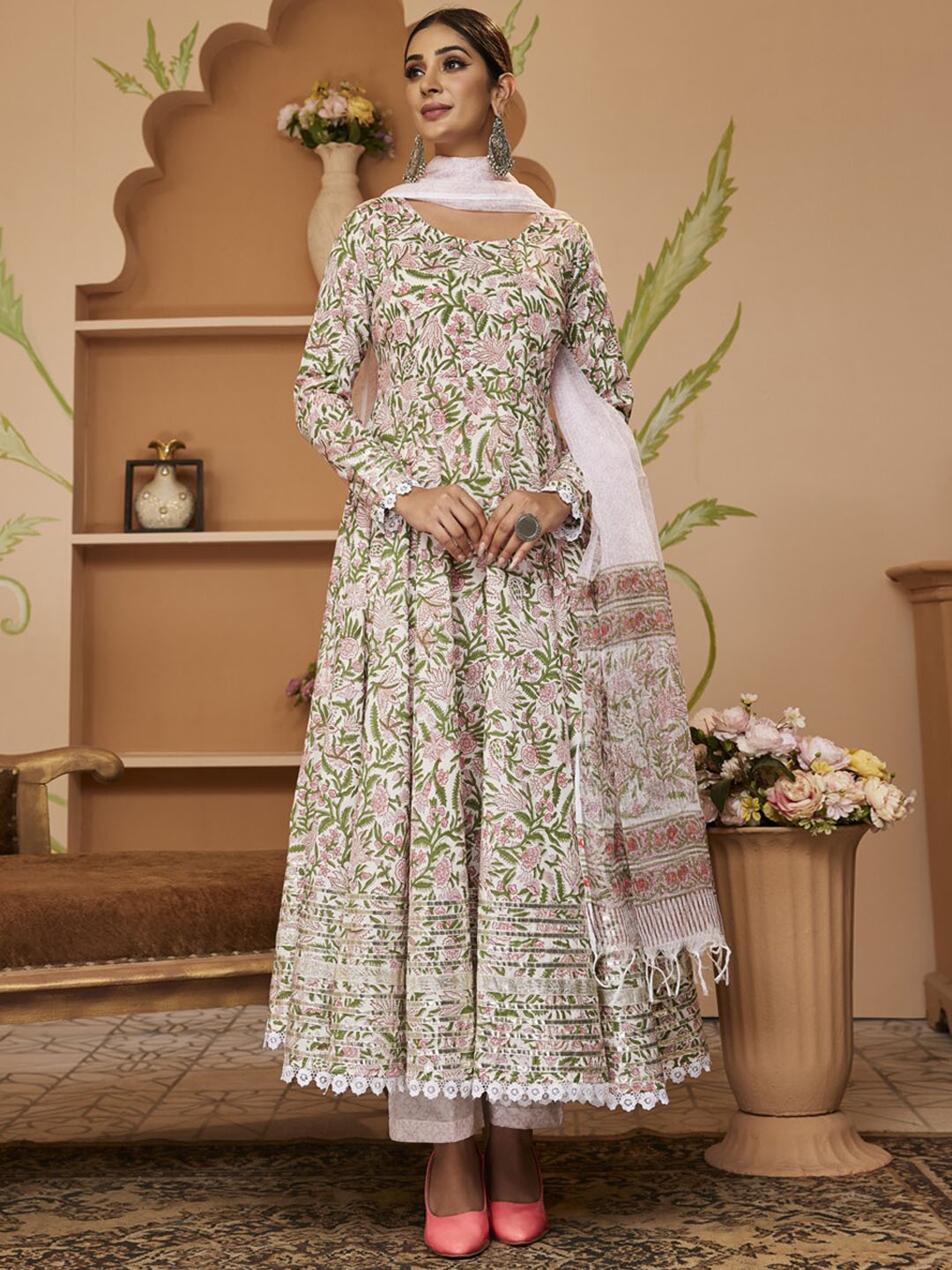 

Divena Block Printed Gotta Patti Lace Anarkali Pure Cotton Kurta with Trousers & Dupatta, Green