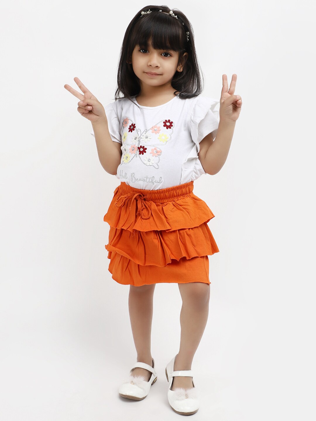 

V-Mart Girls Printed Top With Skirt, White