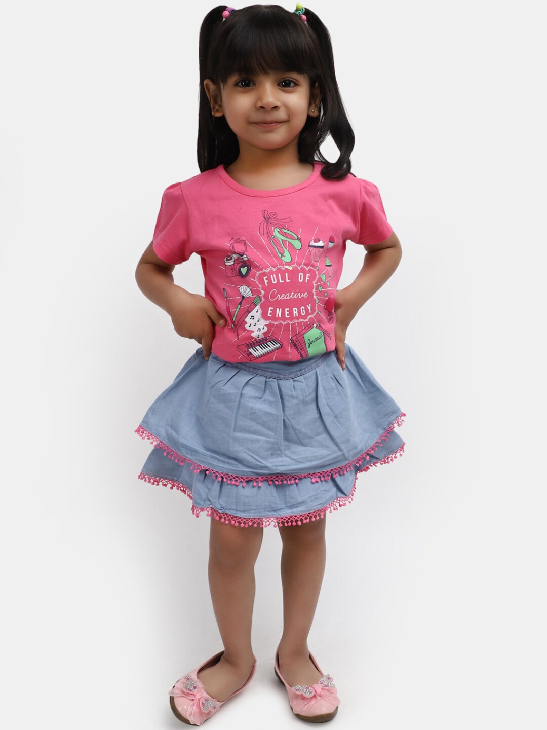 

V-Mart Girls Printed T-shirt With Skirt, Pink