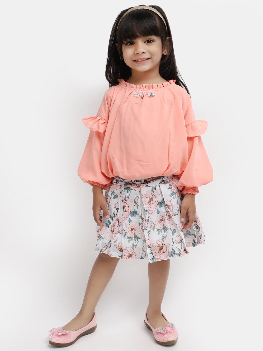 

V-Mart Girls Puff Sleeves Ruffled Top with Skirt, Peach