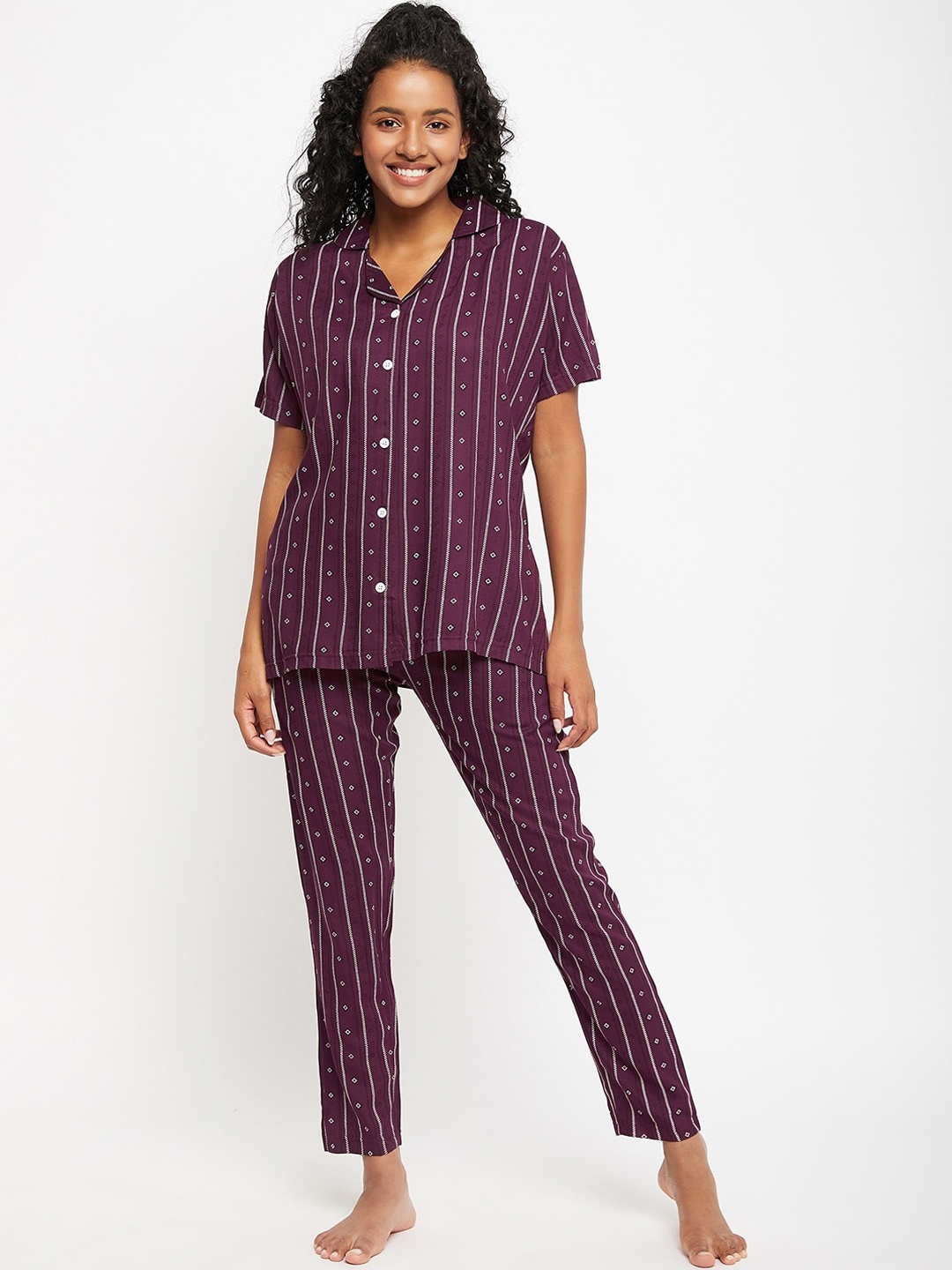

FirstKrush Striped Pure Cotton Night Suit, Purple