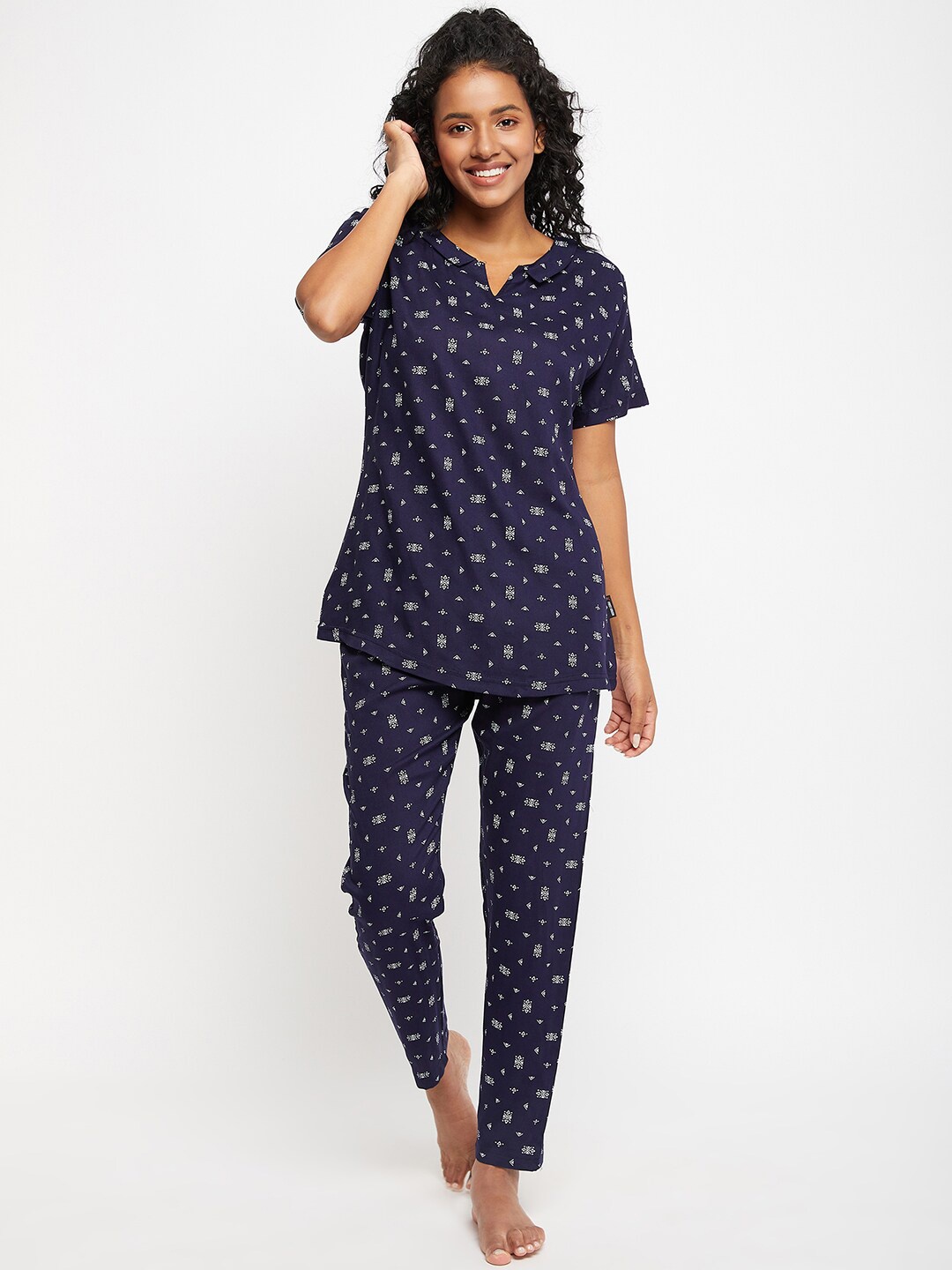 

FirstKrush Ethnic Motifs Printed Pure Cotton Night Suit, Navy blue