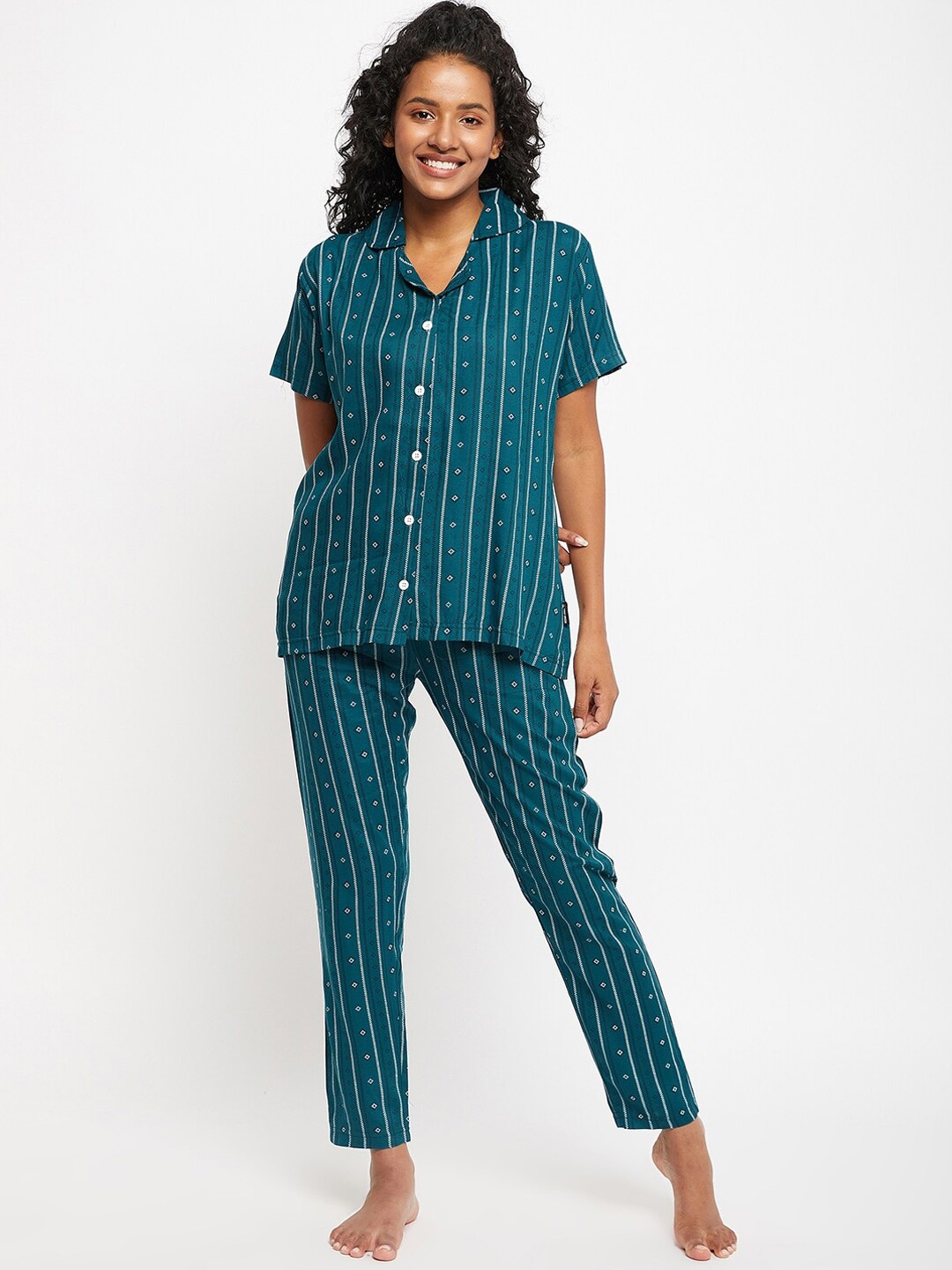 

FirstKrush Striped Pure Cotton Night Suit, Teal