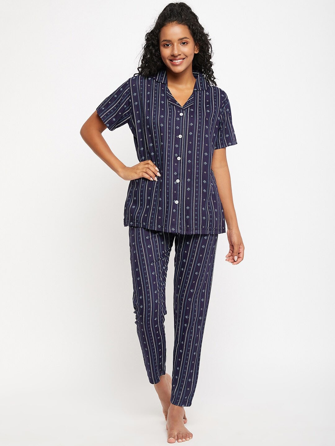 

FirstKrush Striped Pure Cotton Night Suit, Navy blue