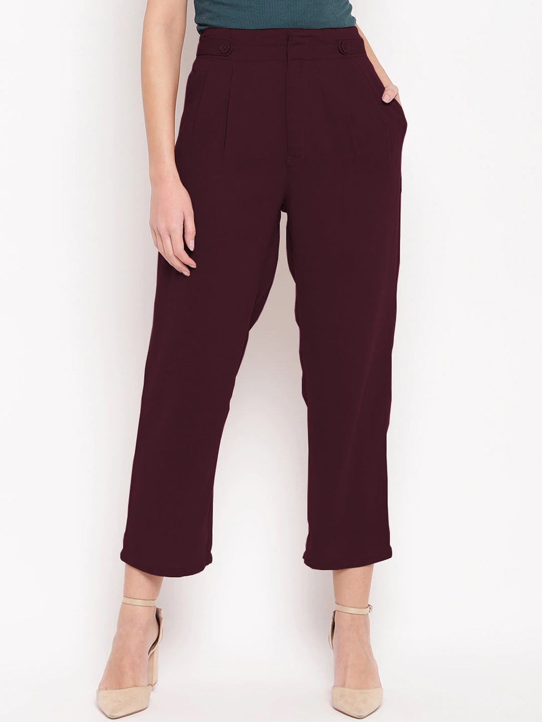

RARE Women Maroon High-Rise Pleated Trousers