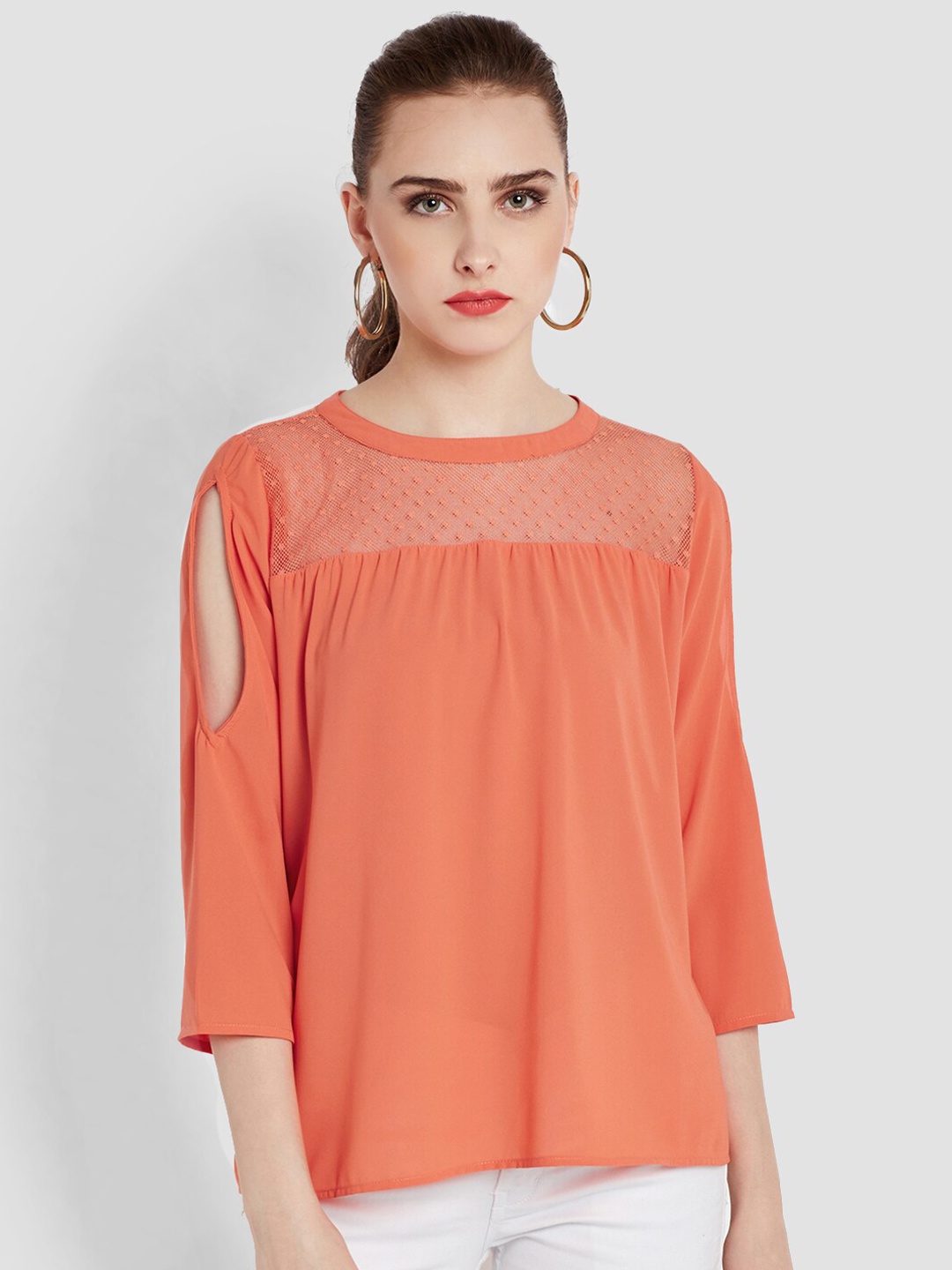 

RARE Orange-Coloured Self Design Round Neck Top