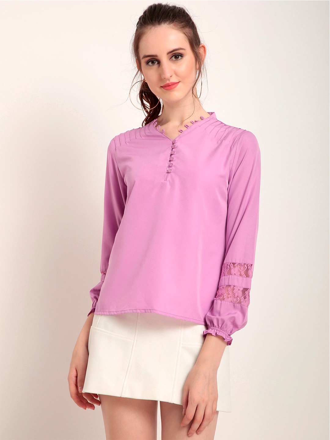 

RARE Purple V-Neck Puff Sleeves Lace Inserts Top