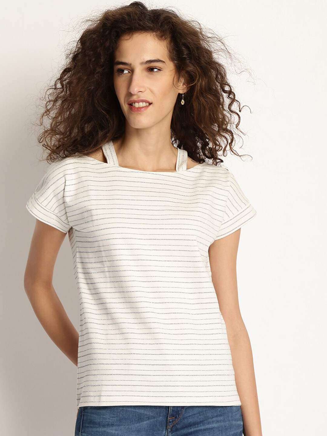 

RARE Off White & Grey Horizontal Striped Cold-Shoulder Straps Cotton Top